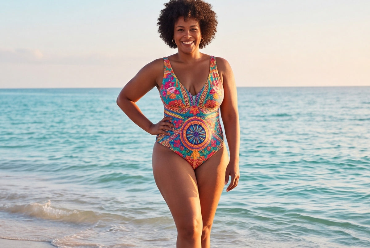 Smiling woman standing in shallow sea in a medallion-print one-piece