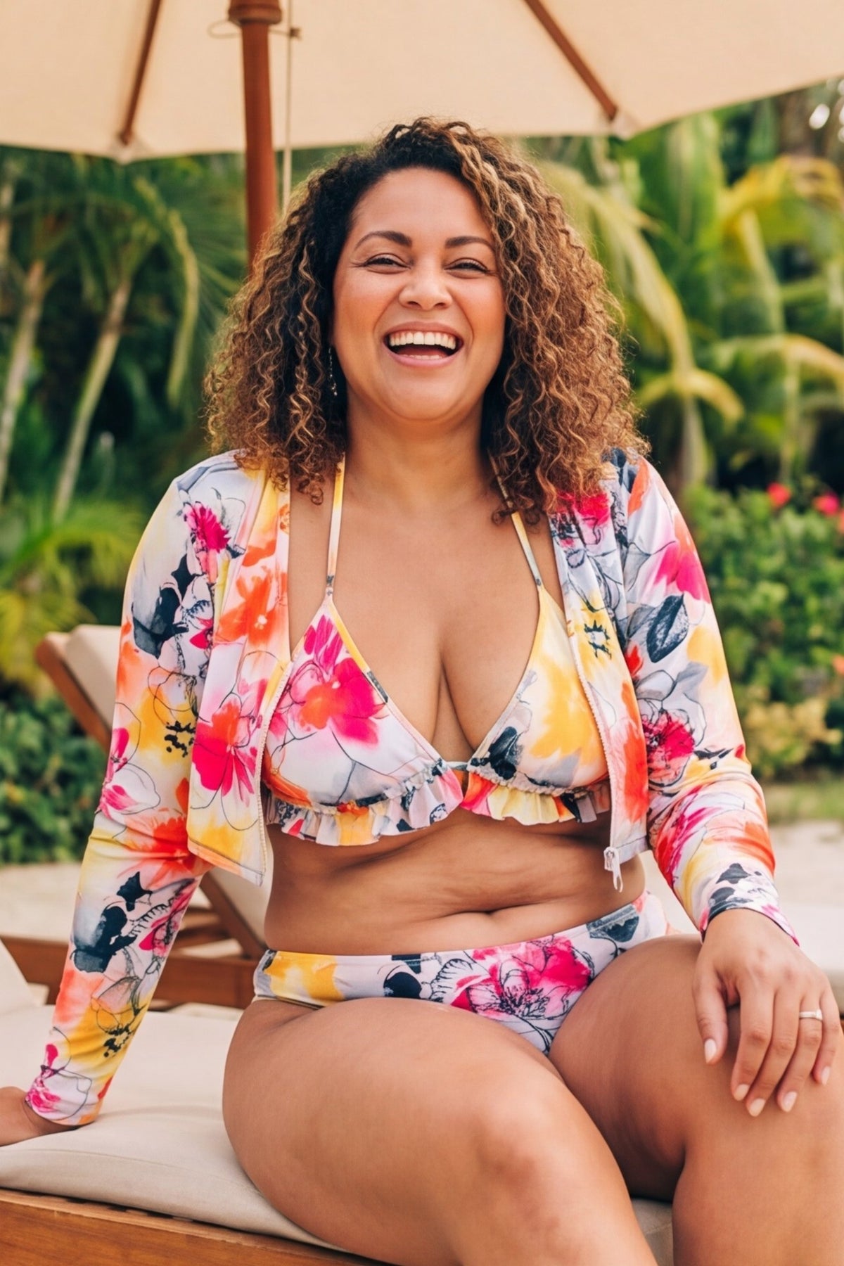 Floral Watercolor Long-Sleeve 3-Piece Bikini (SM)