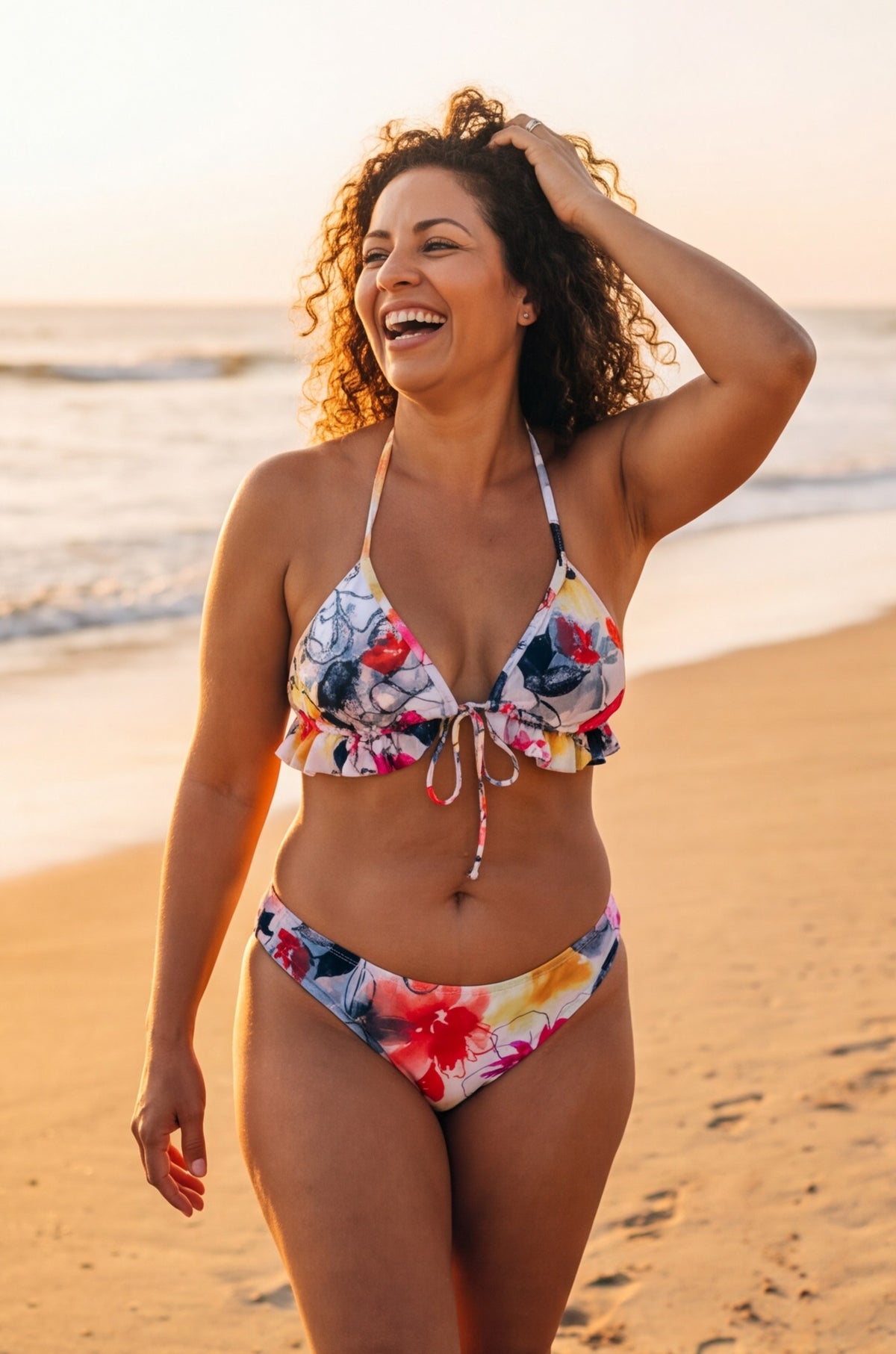 Floral Watercolor Triangle Top with Flowy Trim 2-Piece Bikini (SM)