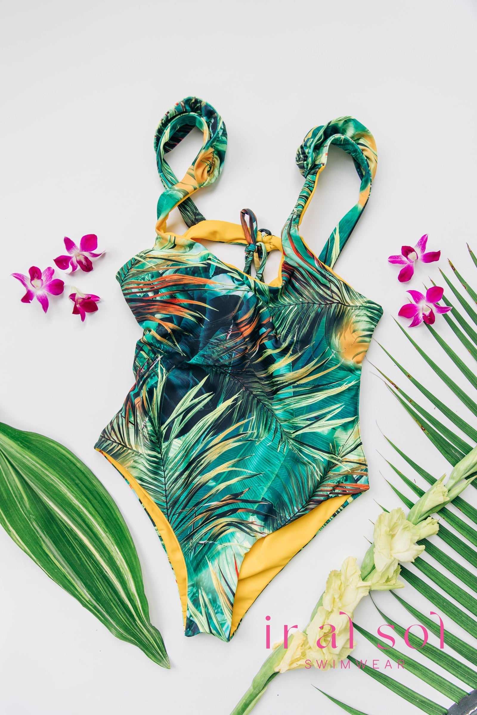 Colombian Carmen Tropical Leaf Shoulder Ruche Radiance One-Piece 1-Piece (L)