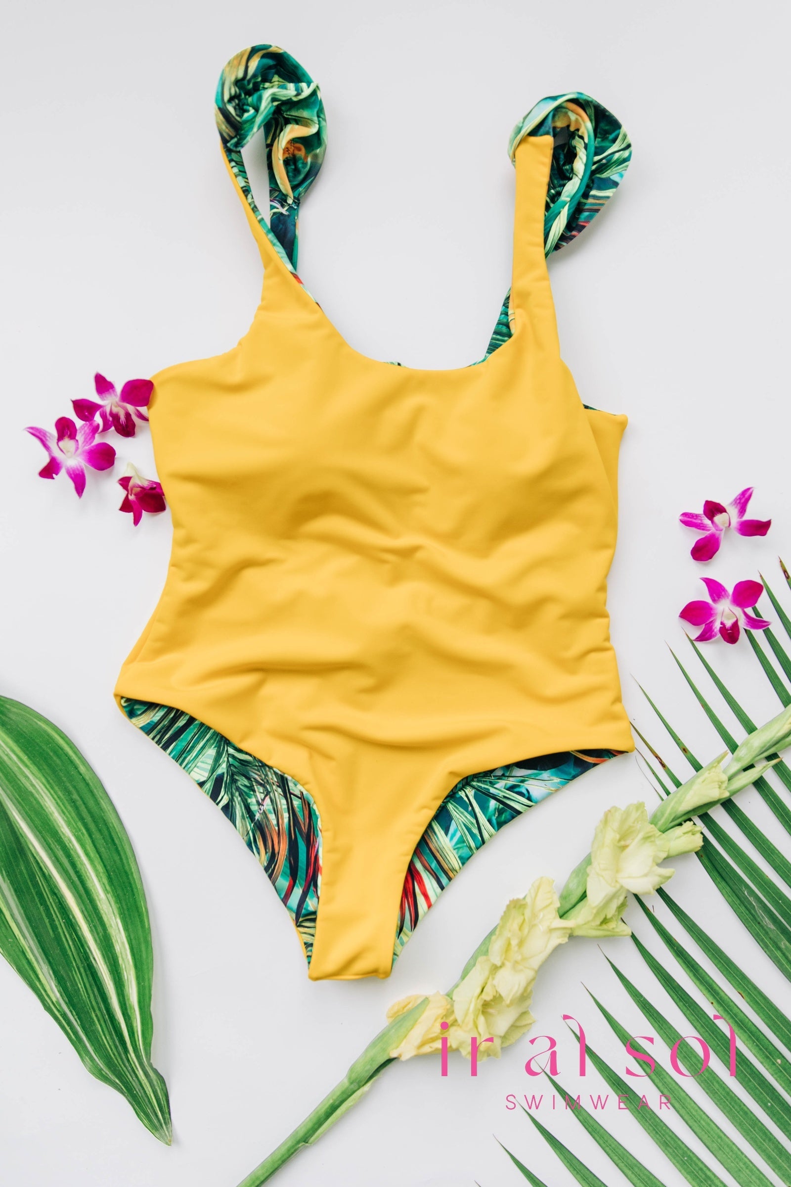 Colombian Carmen Tropical Leaf Shoulder Ruche Radiance One-Piece 1-Piece (L)