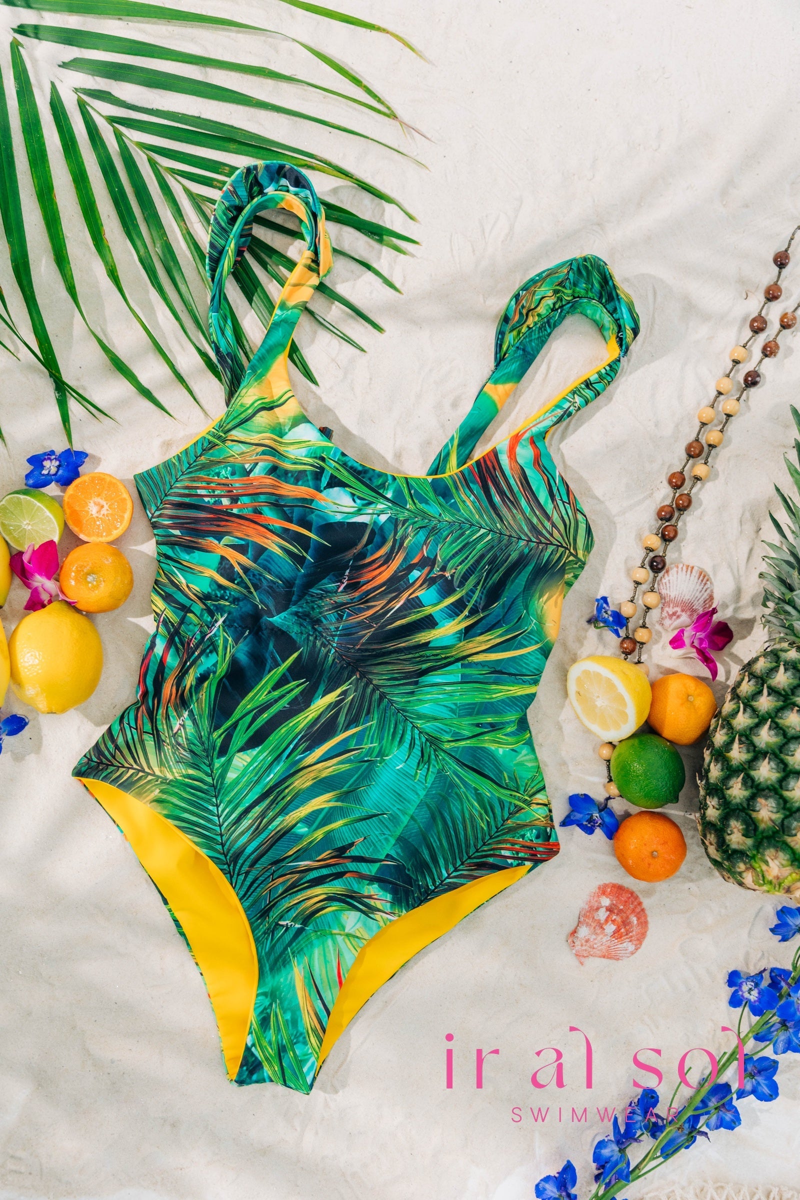 Colombian Carmen Tropical Leaf Shoulder Ruche Radiance One-Piece 1-Piece (L)