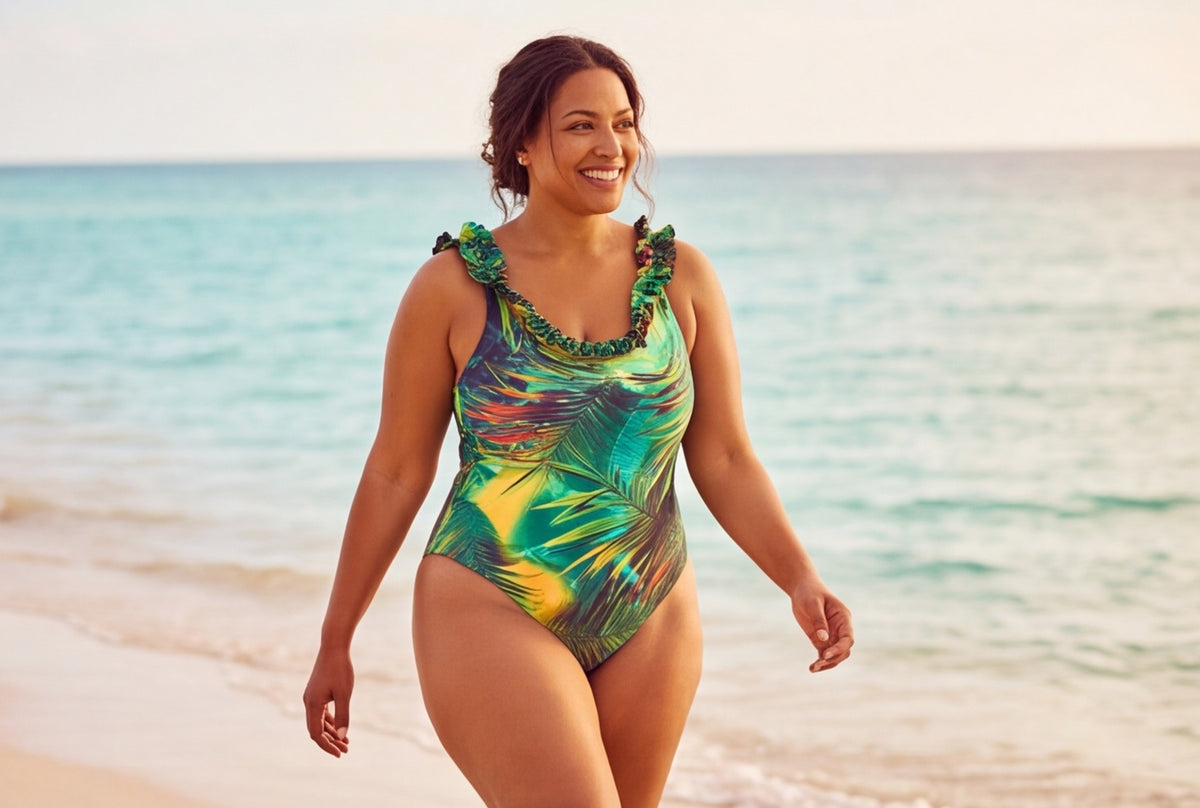 Woman walking along the shoreline in a ruffled palm-print one-piece