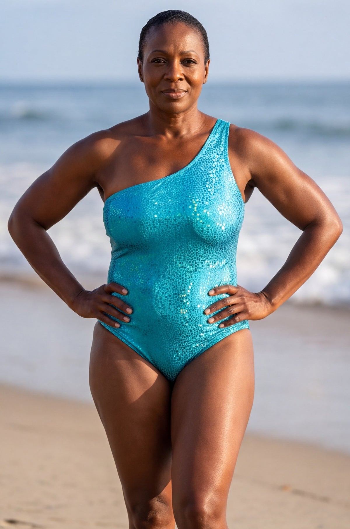 Turquoise Hologram One-Shoulder One-Piece