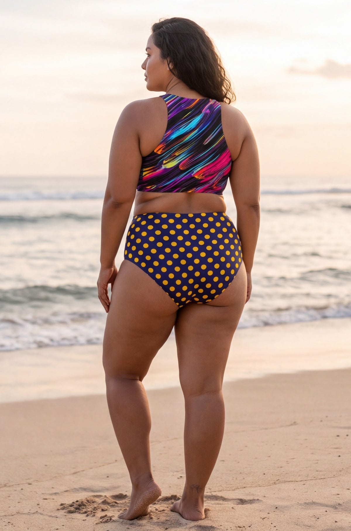 High-Neck Abstract and Yellow Dot Bikini