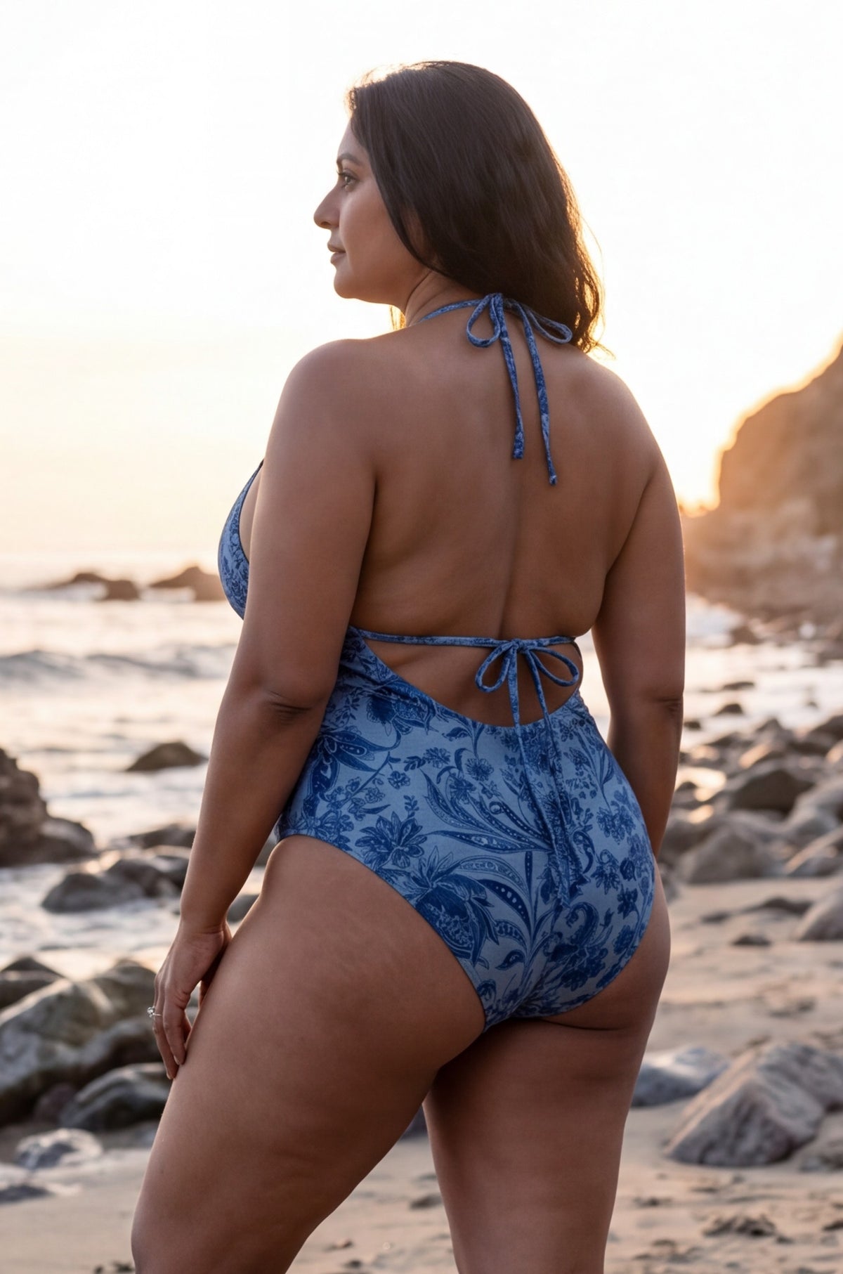 Denim Floral Low Back One-Piece