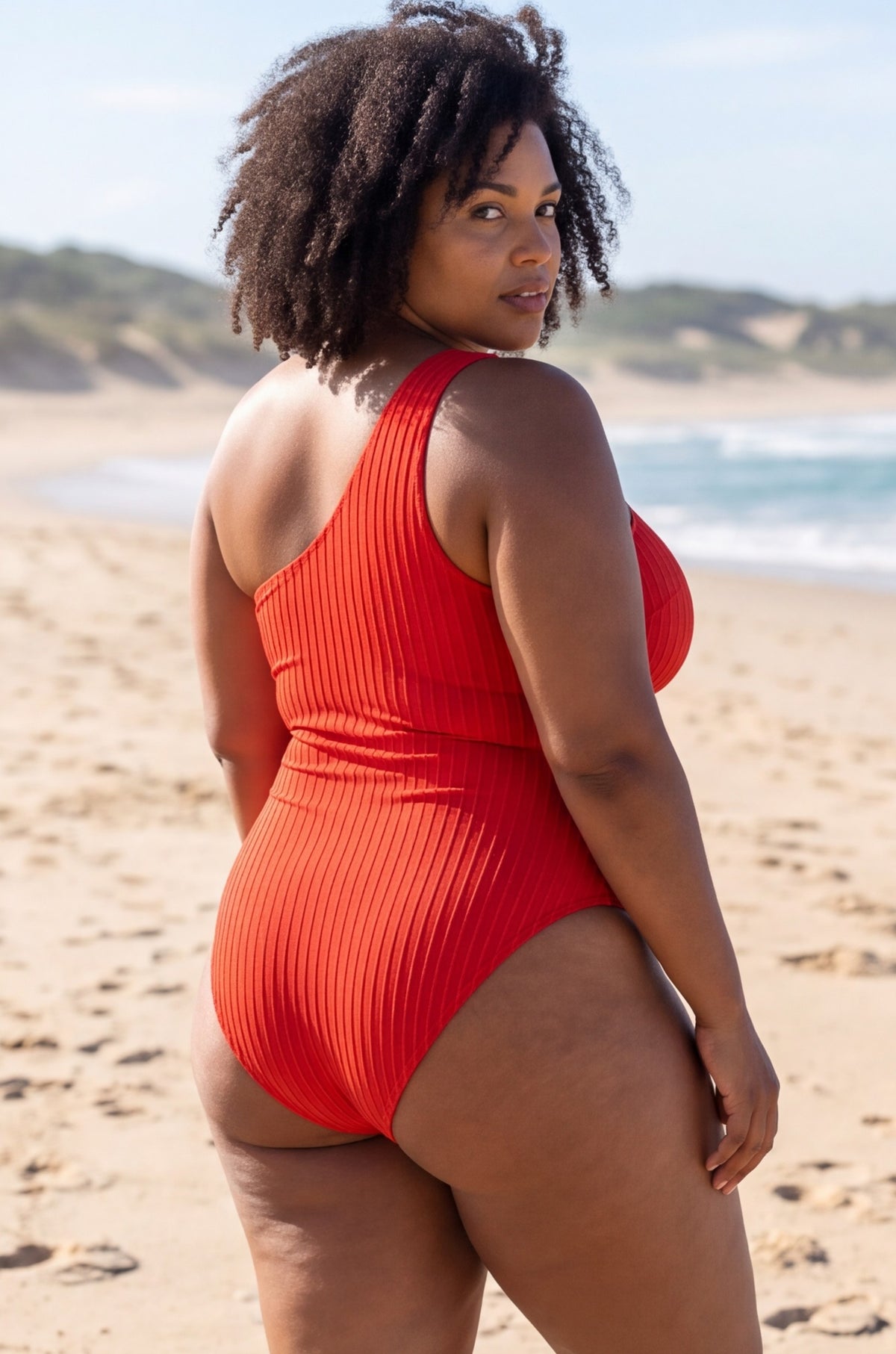Red Textured Stripe One-Shoulder One-Piece