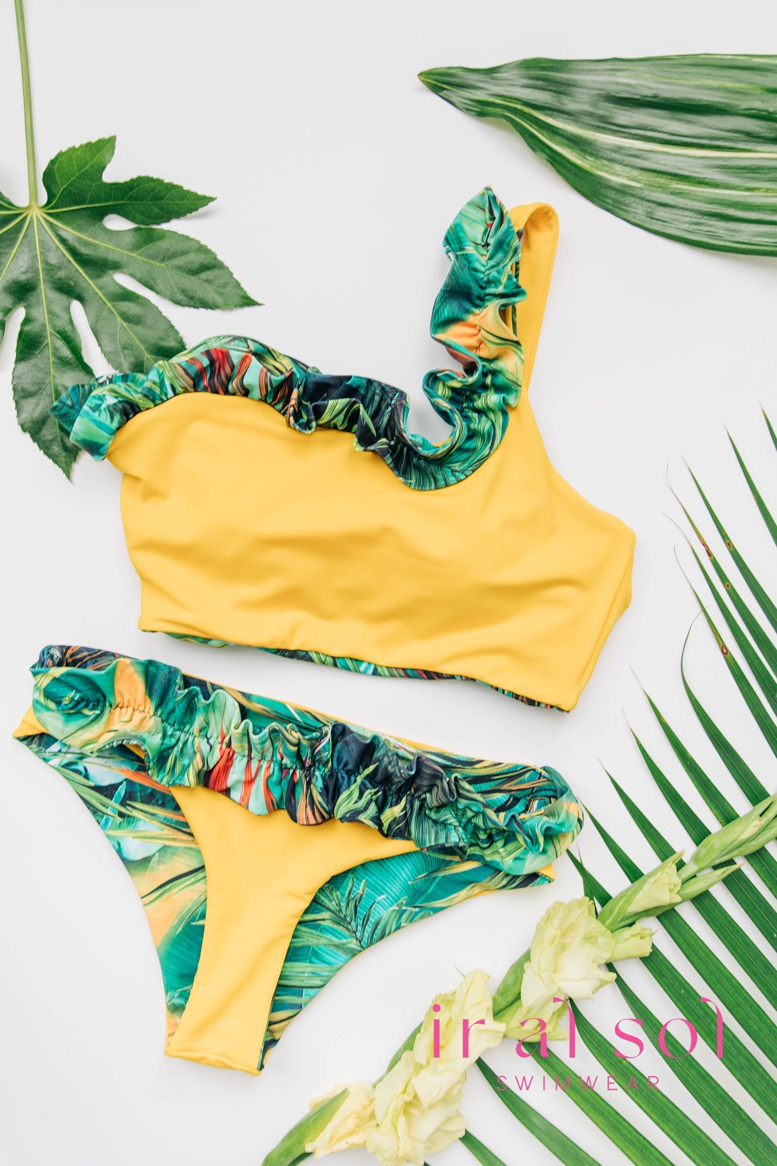 Colombian Carmen Tropical Front Ruche Asymmetrical Top Two-Piece 2-Piece (L)