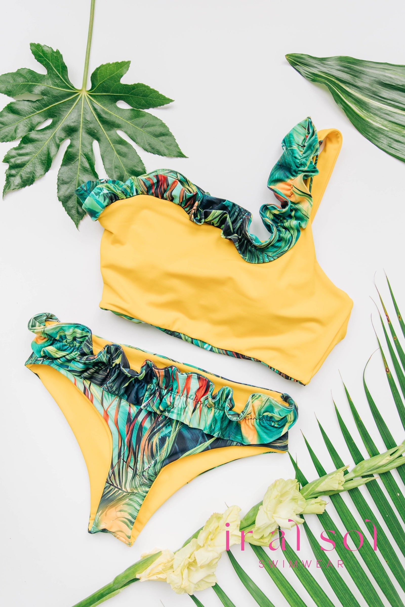 Colombian Carmen Tropical Front Ruche Asymmetrical Top Two-Piece 2-Piece (L)