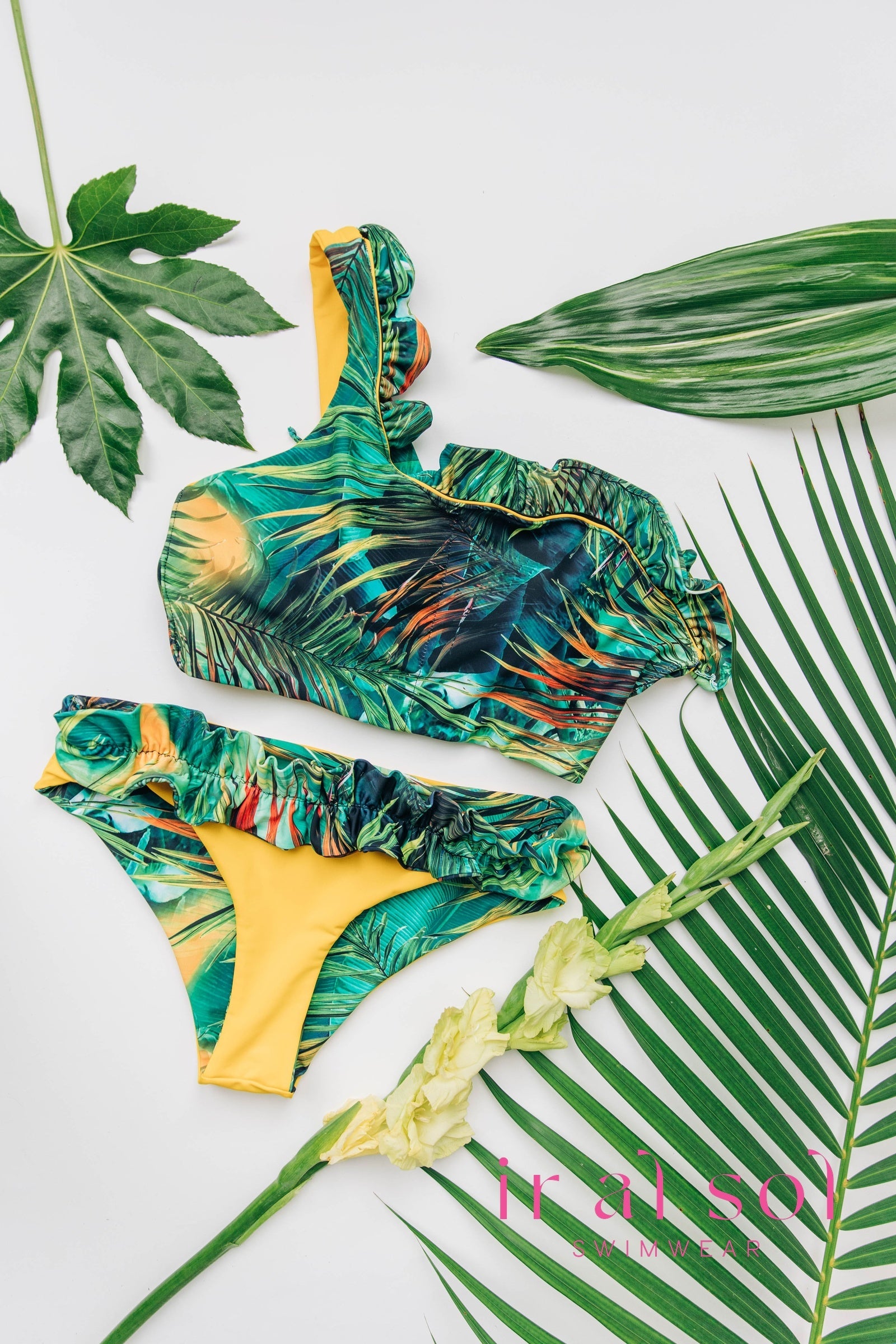 Colombian Carmen Tropical Front Ruche Asymmetrical Top Two-Piece 2-Piece (L)