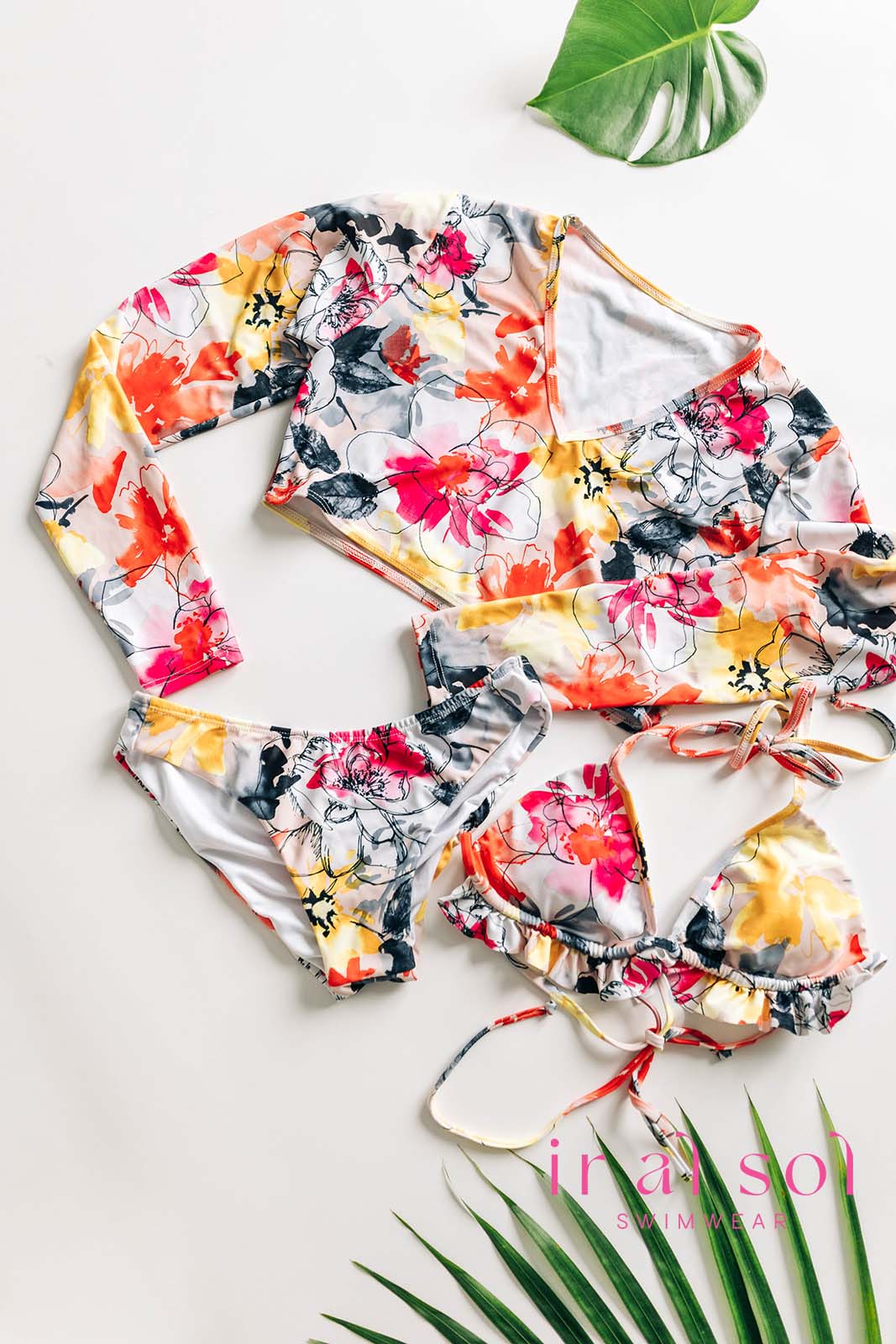 Colombian Floral Watercolor Long-Sleeve 3-Piece Bikini (SM)