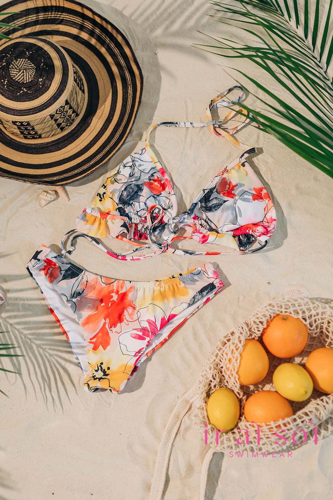 Colombian Floral Watercolor Triangle Top with Flowy Trim 2-Piece Bikini (SM)